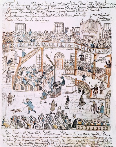 ヨーク郡の古いルーテル教会の内部、1800 作： Lewis Miller